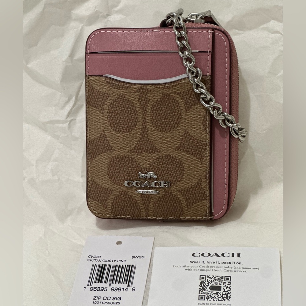 🌸🌸 NWT Coach CW883 Zip Card Case In Signature Canvas In tan/ Dusty Pink